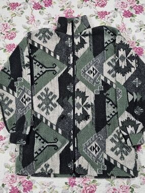 Vintage Womens Full Zip Fleece Jacket High Neck Geometric Green/Blk/Wht